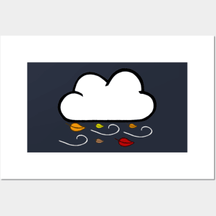 Windy Cloud Pattern With Fall Colored Leaves (Navy Blue) Posters and Art